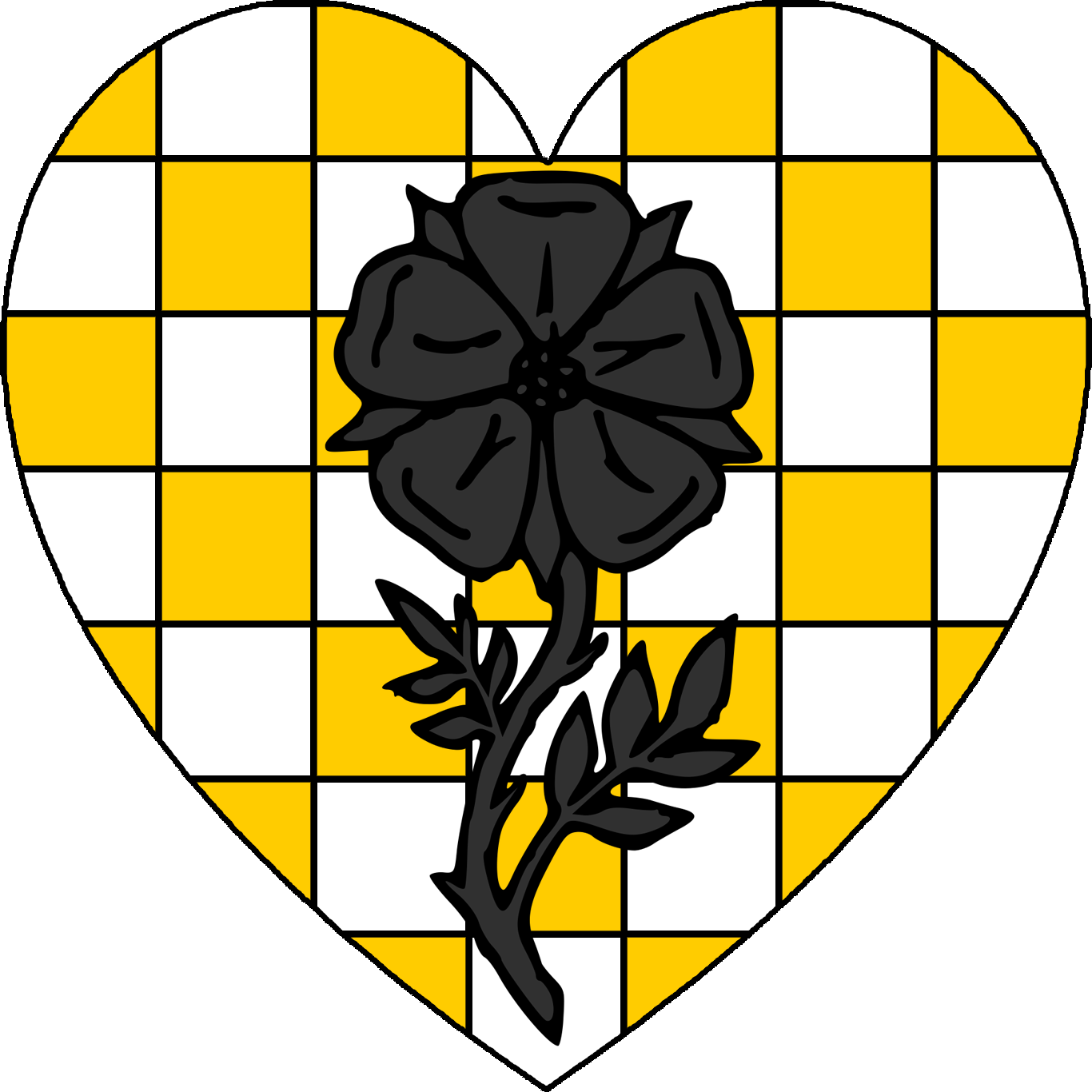 (Fieldless) On a heart checky Or and argent, a rose slipped and leaved sable.