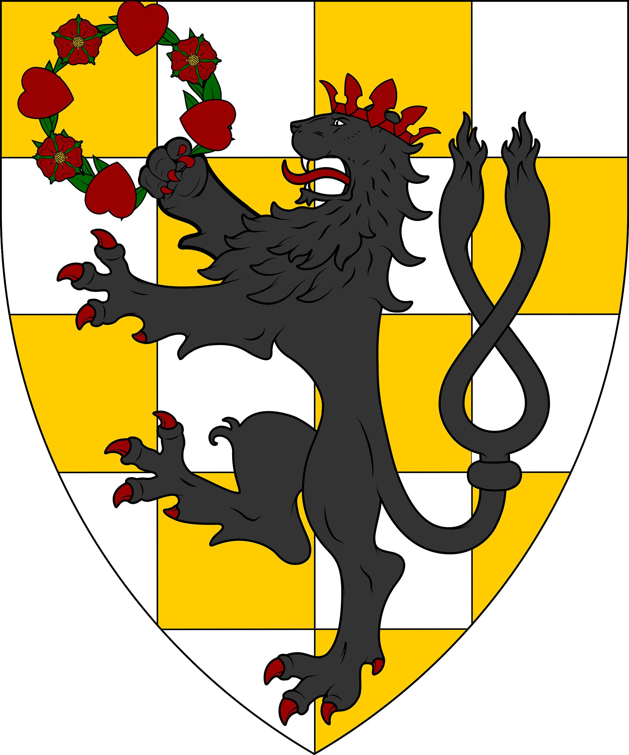 Checky Or and argent, a lion rampant, tail forked and nowed sable, crowned gules, grasping in dexter forepaw a wreath of hearts, points to center, alternating with roses gules, barbed and seeded proper.