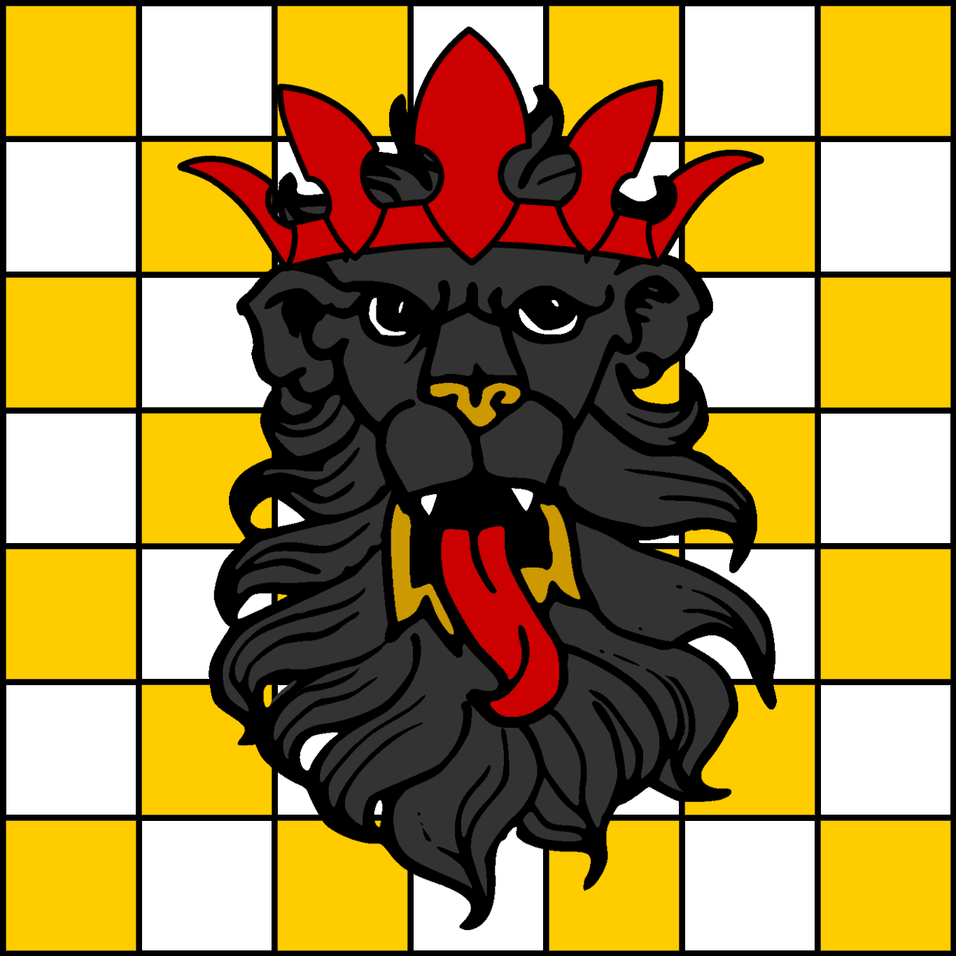 Checky Or and argent, a lion's head cabossed sable, crowned gules.