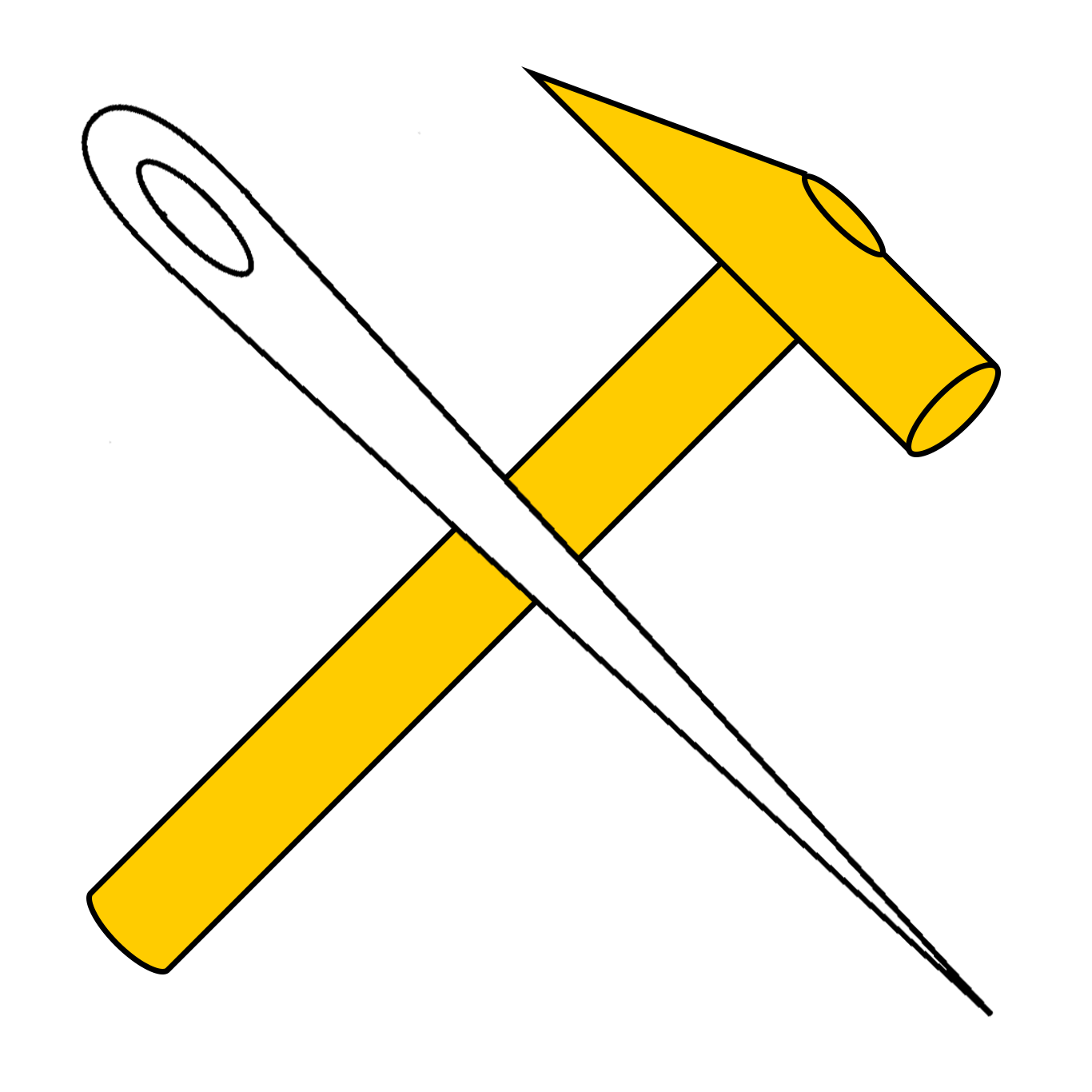 (Fieldless) In saltire a needle argent and a hammer reversed Or. 