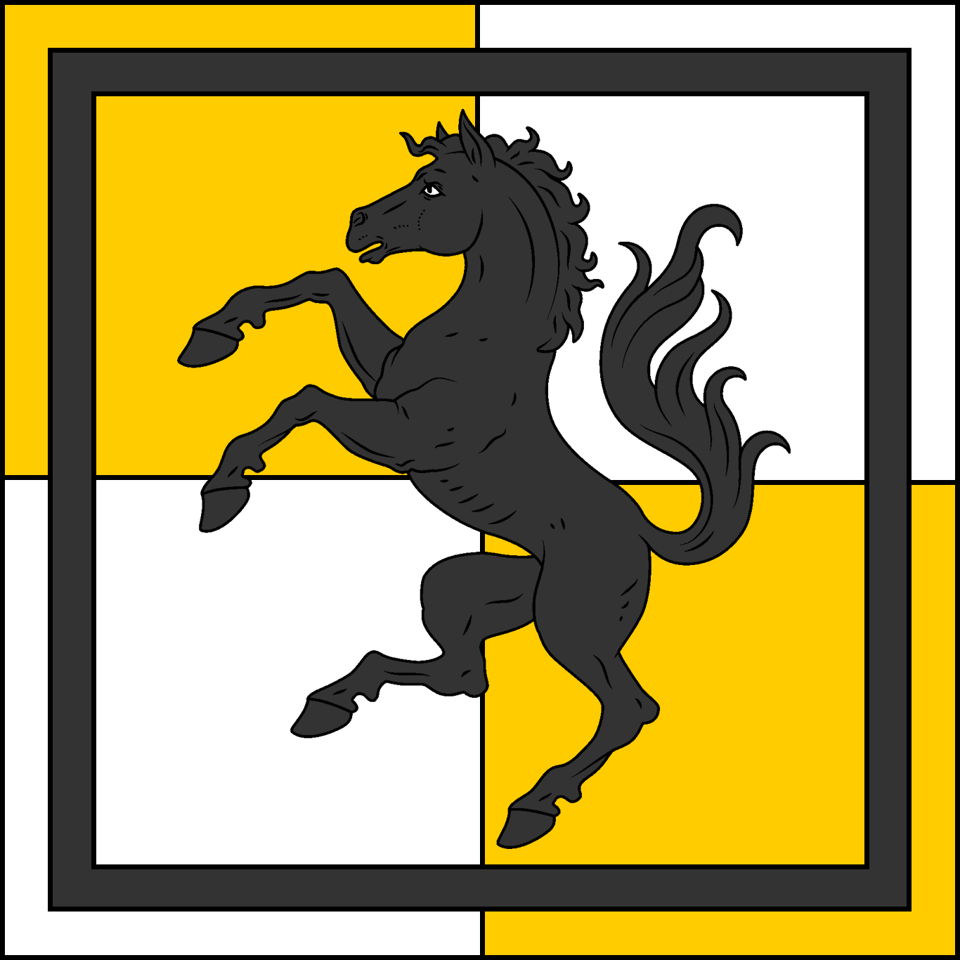 Quarterly Or and argent, a horse rampant and an orle sable.
