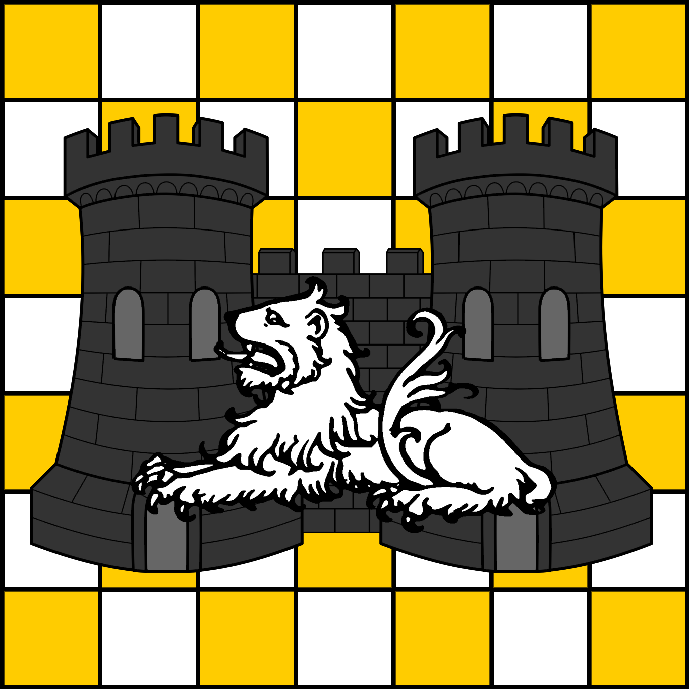 Checky Or and argent, on a castle sable a lion couchant argent.