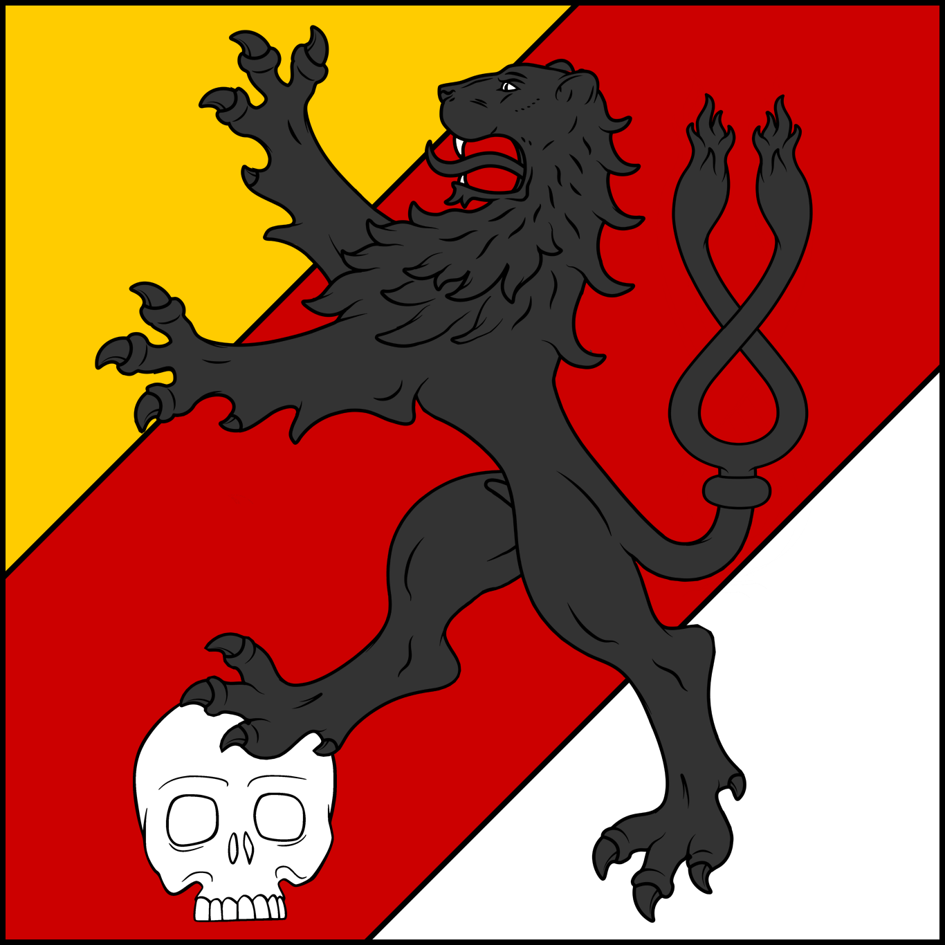 Tierced per bend sinister Or, gules, and argent, a lion rampant queue-fourchee sable, beneath the dexter hind paw a skull argent.