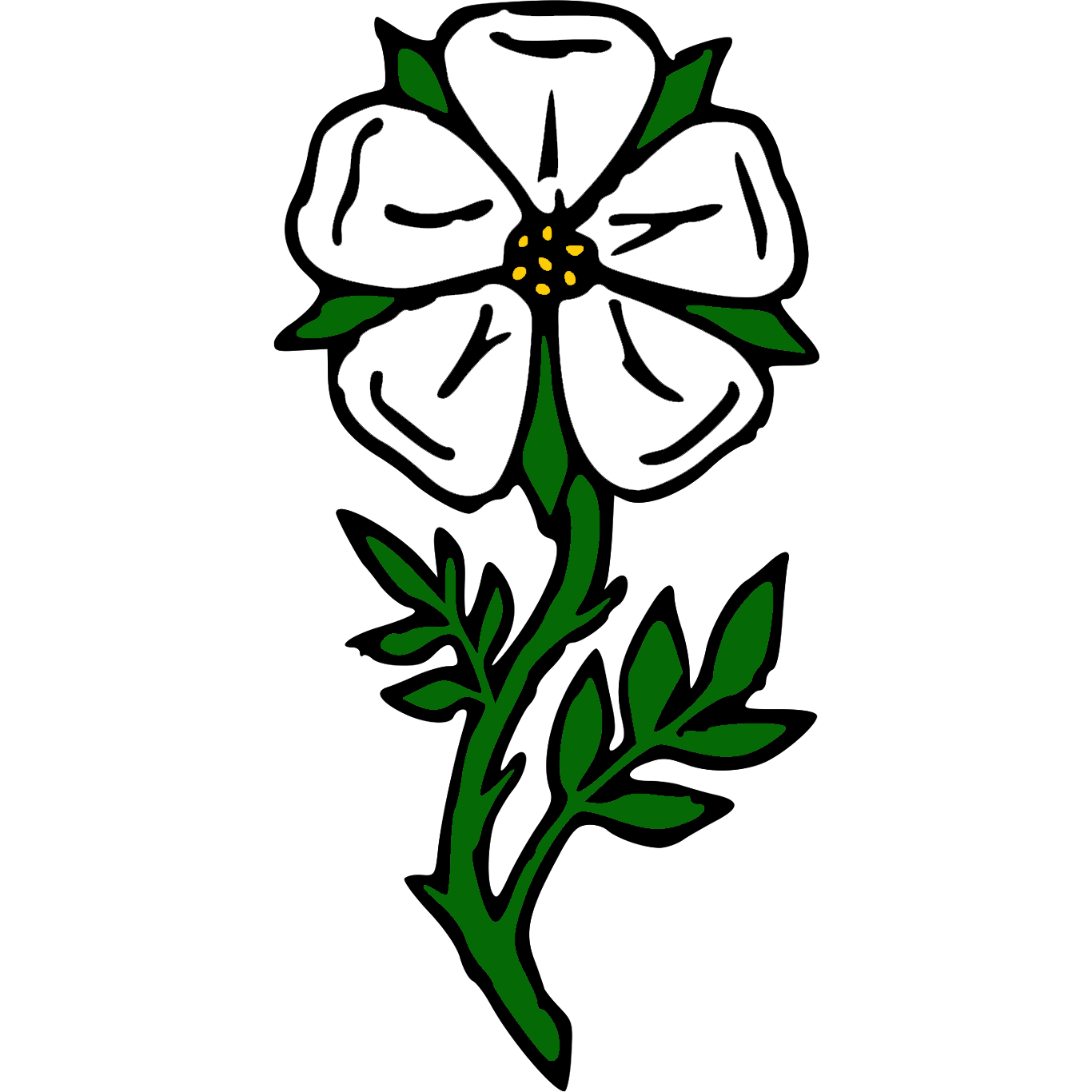 (Fieldless) A rose argent, barbed and seeded, slipped and leaved, proper.
