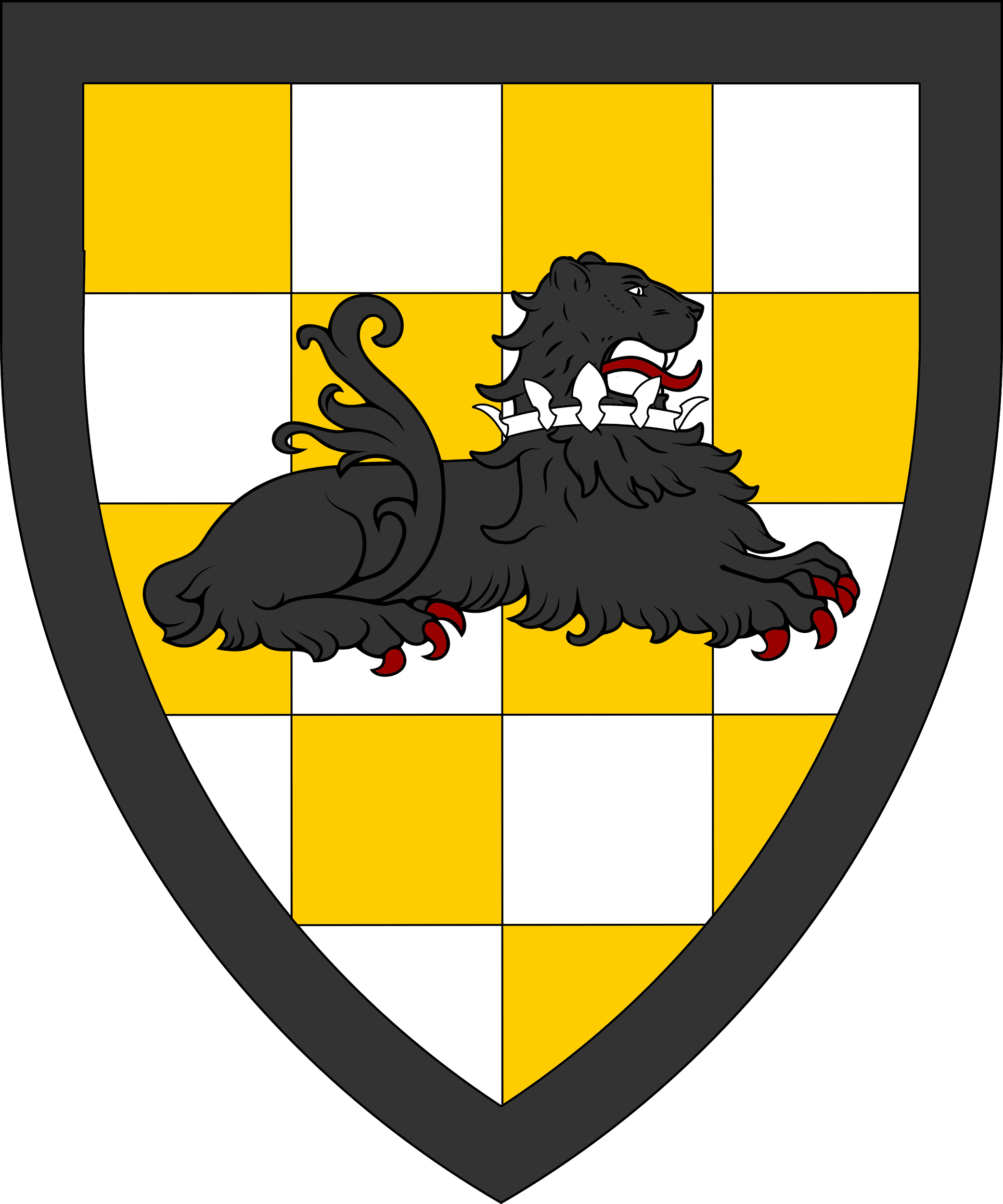 Checky Or and argent, a lion queue-fourchy couchant to sinister sable, gorged of a coronet argent, within a bordure sable.