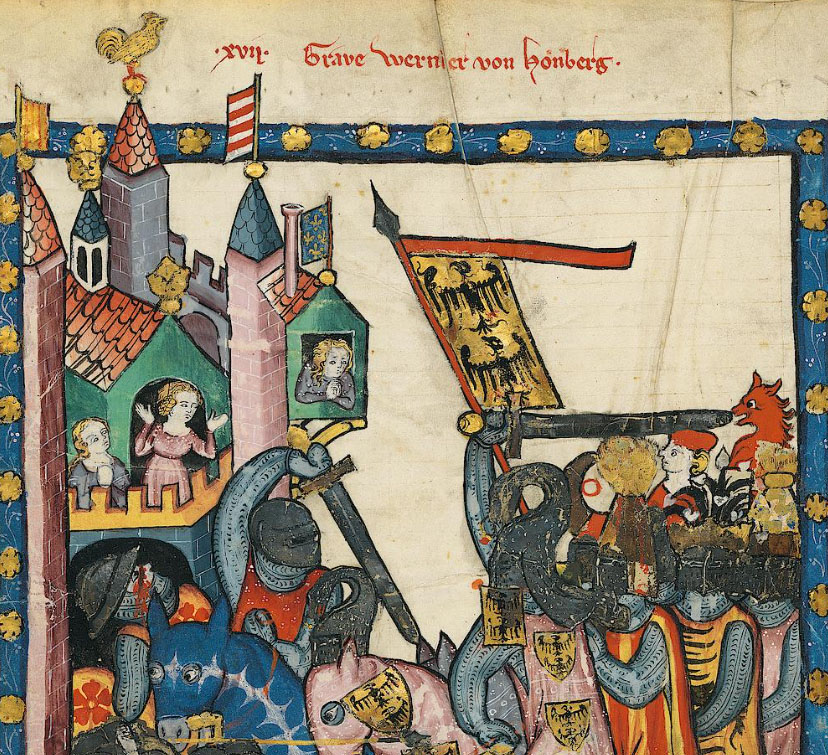Detail from manuscript illustration showing knights charging into battle with banner flying